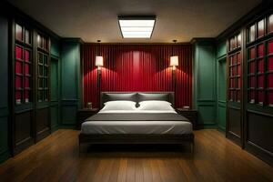 a bedroom with red walls and wooden floors. AI-Generated photo