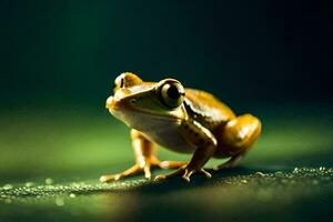 a frog is sitting on a green surface. AI-Generated photo