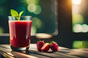 un vaso de fresa jugo con fresas en un mesa. generado por ai foto