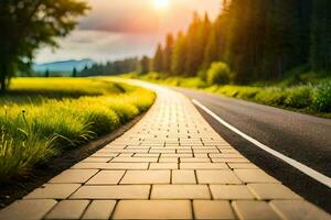 a road leading to the sun in the middle of a field. AI-Generated photo