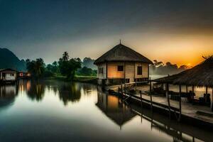 a house on the water with a thatched roof. AI-Generated photo