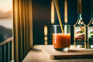 a glass of juice with a straw on a table. AI-Generated photo