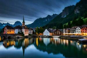 the town of switzerland is lit up at night. AI-Generated photo