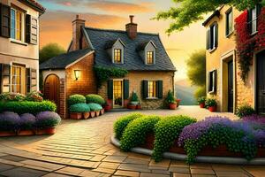 a painting of a street with houses and flowers. AI-Generated photo