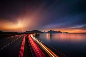 a long exposure photograph of a road and water at sunset. AI-Generated photo
