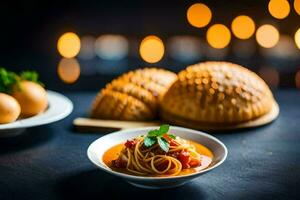 spaghetti with tomato sauce and bread on a table. AI-Generated photo