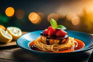 a plate of pasta with strawberries and tomatoes. AI-Generated photo