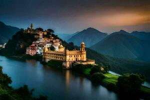 the beautiful castle sits on the edge of a river. AI-Generated photo