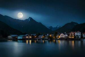 un lleno Luna terminado un lago y casas en el montañas. generado por ai foto