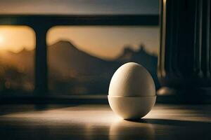 an egg sitting on a table in front of a window. AI-Generated photo