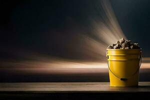 a bucket of gravel sitting on a wooden table. AI-Generated photo