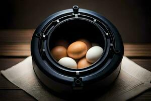 a black bowl with four eggs in it. AI-Generated photo