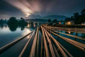 a long exposure photograph of a bridge over a lake. AI-Generated photo
