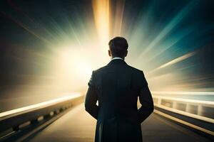 a man in a suit standing on a highway with light coming from the back. AI-Generated photo