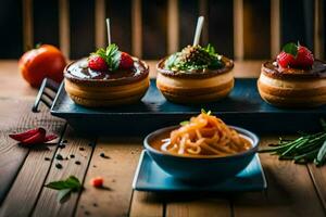 three mini desserts on a wooden table. AI-Generated photo