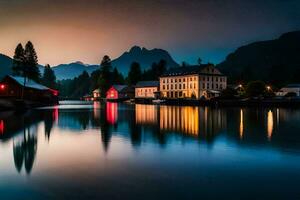 un lago y edificios a oscuridad en el montañas. generado por ai foto