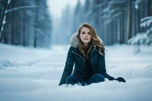 un mujer sentado en el nieve en un bosque. generado por ai foto