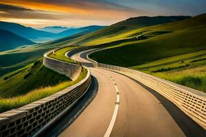 a winding road in the mountains with a sunset. AI-Generated photo