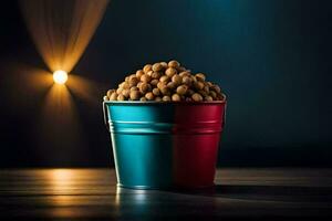 a bucket filled with peanuts on a table. AI-Generated photo
