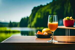 a glass of orange juice sits on a table near a lake. AI-Generated photo