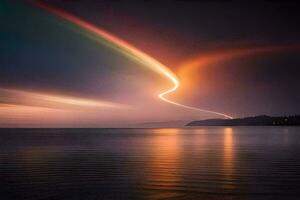 un arco iris es visto en el cielo terminado agua. generado por ai foto