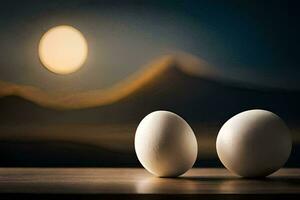 dos huevos son sentado en un mesa en frente de un lleno Luna. generado por ai foto