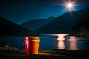 a red bucket sits on the shore of a lake at night. AI-Generated photo