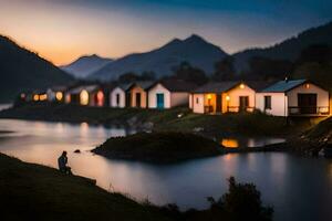 a man sits on the edge of a lake at dusk. AI-Generated photo