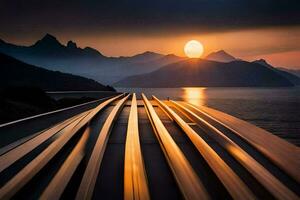 a train track with the sun setting over the water. AI-Generated photo