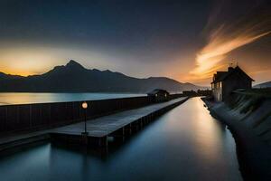 un largo muelle con un montaña en el antecedentes. generado por ai foto