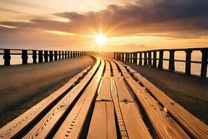 a wooden bridge with the sun setting behind it. AI-Generated photo