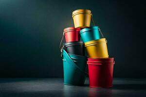 a stack of colorful buckets on a dark background. AI-Generated photo