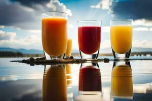 three glasses of orange juice on a lake. AI-Generated photo