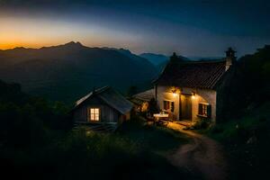 un pequeño casa en el montañas a puesta de sol. generado por ai foto