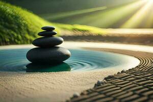 a stack of rocks sitting on top of a pond. AI-Generated photo