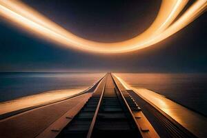 a long exposure photograph of a train track in the ocean. AI-Generated photo