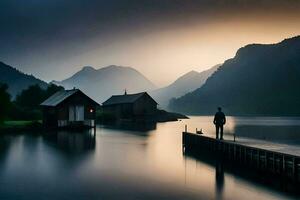 un hombre soportes en un muelle mirando a un lago. generado por ai foto