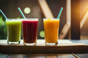 three different juices are sitting on a wooden tray. AI-Generated photo
