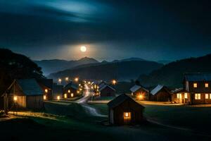 un pueblo a noche con un lleno Luna. generado por ai foto