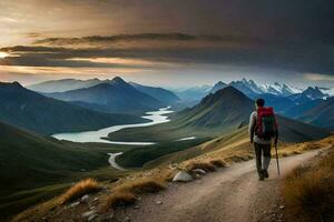 un hombre con un mochila camina a lo largo un suciedad la carretera en el montañas. generado por ai foto