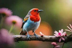 a red and white bird sitting on a branch. AI-Generated photo