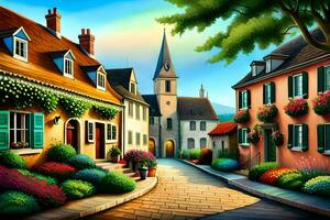 a painting of a street in a village. AI-Generated photo