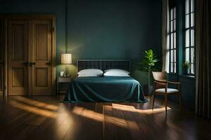 a bedroom with dark green walls and wooden floors. AI-Generated photo