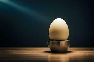 an egg in a metal cup on a table. AI-Generated photo