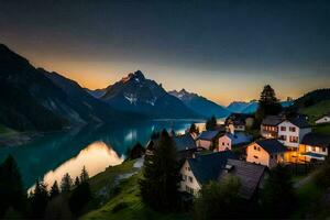 photo wallpaper the sky, mountains, lake, house, house, the mountains, house, the. AI-Generated