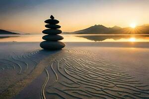 a stack of stones on the beach at sunset. AI-Generated photo