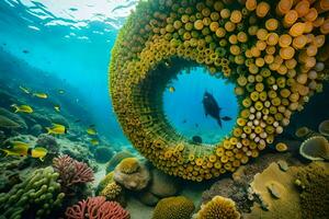 un buzo es mirando a un coral arrecife con un circular estructura. generado por ai foto