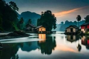 photo wallpaper the sky, water, mountains, house, the village, the river, the sunset. AI-Generated