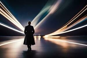 a man in a long coat standing in the middle of a dark road. AI-Generated photo