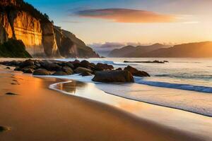 the sun sets on the beach at the end of the world. AI-Generated photo